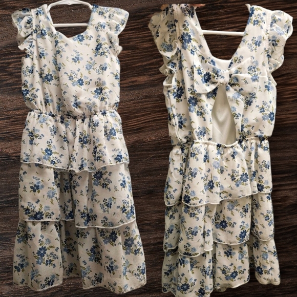 Charming Floral Tiered Kids Dress - Cream and Blue - Picture 1 of 1